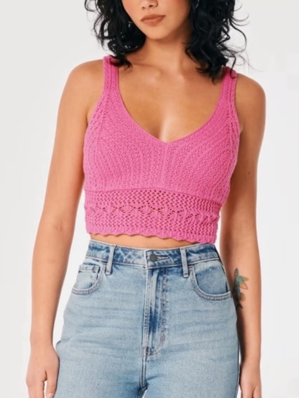 Hollister Pink Crochet Knit Boho Bohemian Cami Strap Crop Top XL